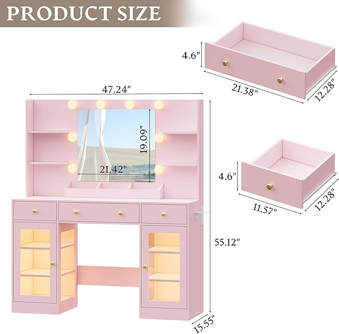 Vanity Desk With Mirror and Lights, Makeup Vanity Set with 3 Storage Drawers & Adjustable Shelves, Dressing Table with RGB Cabinets & Charging Station, 3 Lighting Modes for Women Kids Bedroom, Pink
