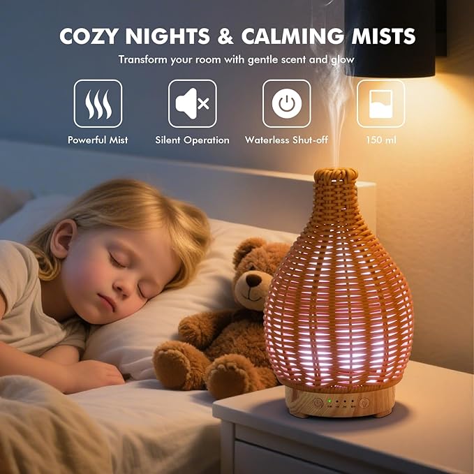 Boho Essential Oil Diffuser for Home -150ml Ultrasonic Fragrance Diffuser Humidifier Whisper Quiet Timer Setting 7 LED Colors Changing Lights for Home Office Decor & Gift (Handwoven)