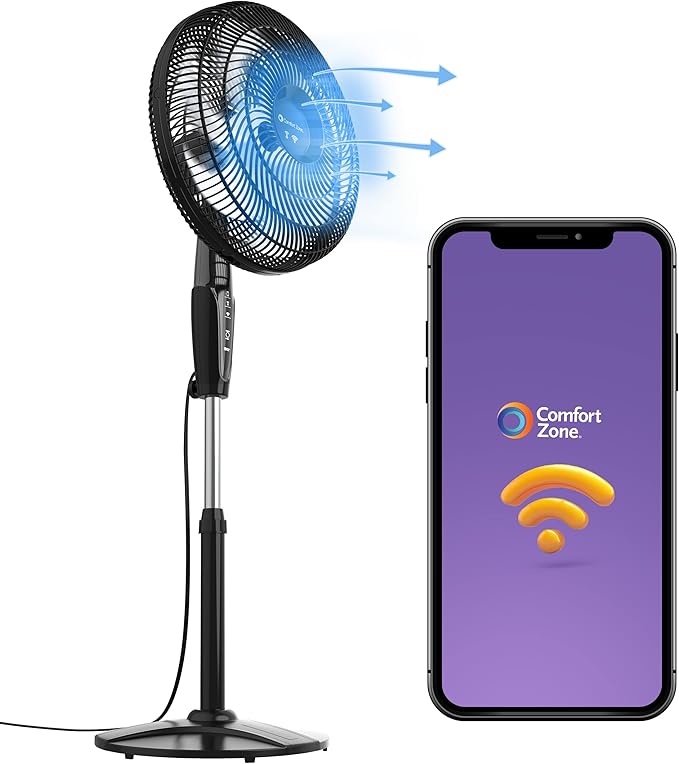 Comfort Zone Smart WiFi Oscillating Stand Fan, 18 inch, 3 Speed, Wall-Mountable, Voice Control, Full-Function Timer, Adjustable Stand up to 53 inches, Tri-Curve Technology to Reduce Noise, CZST180SBK
