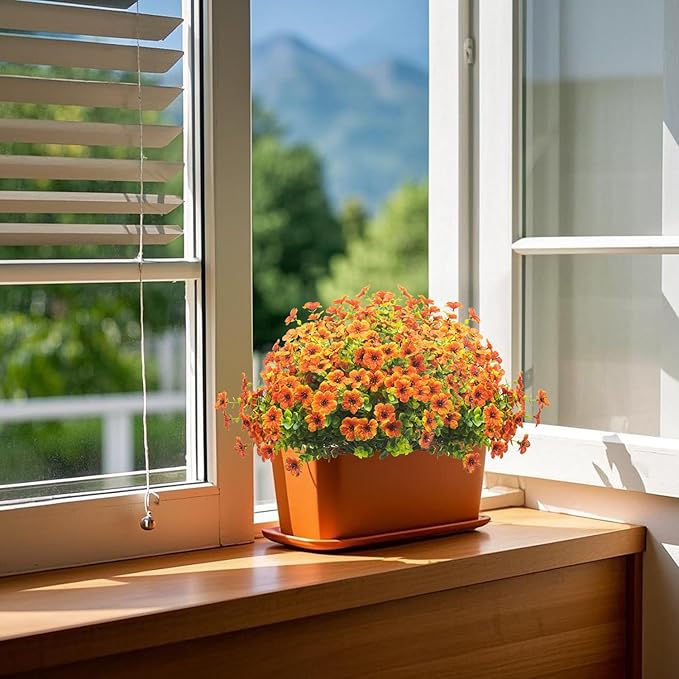 Artificial Fake Flowers for Outdoor Spring Decoration, 16 Bundles Faux Silk Colorful Daisy UV Resistant Realistic for Outside Porch Patio Home Yard Garden Planters Pots Window Box (Orange)