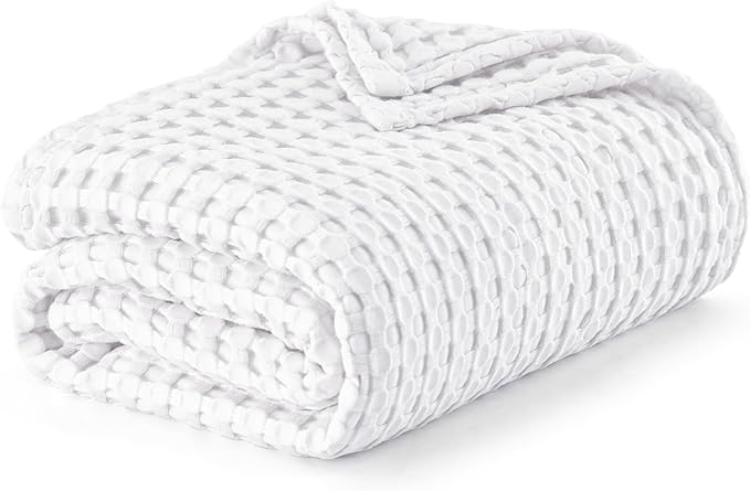 Bedsure Cooling Cotton Waffle King Size Blanket - Lightweight Breathable Summer Blanket of Rayon Derived from Bamboo for Hot Sleepers, Luxury Throws for Bed, Couch and Sofa, White, 104x90 Inches