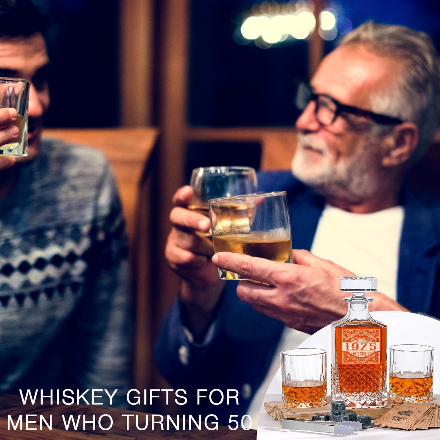 PONPUR 50th Birthday Gifts For Men Dad, 1975 Laser Whiskey Decanter Set with Gift Box, Anniversary Birthday Gift Ideas for Him Husband, 50 Years Bday Decorations, Whiskey Glasses & Whisky Stones Inc.