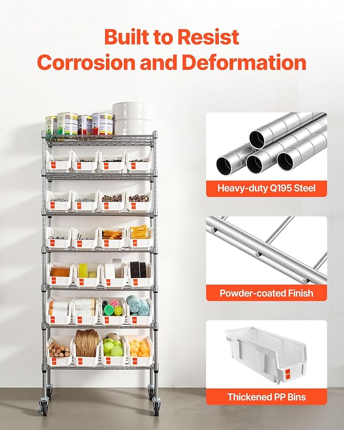 VEVOR 7-Tier Rolling Bin Storage Rack, 24 Small Bins, Bin Rack Storage Steel Wire Shelving System with Wheels, Mobile Tool Organizer for Garage, Warehouse, Office, Restaurant, Classroom, Kitchen
