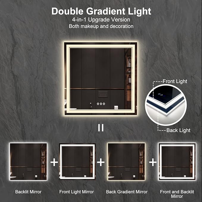 LED Mirror for Bathroom, 36x36 Inch, 3 Colors Dimmable CRI>90 Double Lights, Enhanced Anti-Fog, Hanging Plate Wall Mount Lighted Vanity Mirror