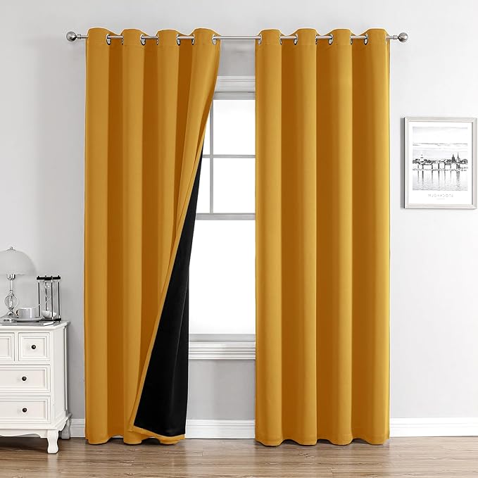 ChrisDowa 100% Blackout Curtains 80 inch Long for Bedroom with Black Liner, 2 Thick Layers Total Blackout Thermal Insulated Grommet Window Curtains 2 Panels Set (Mustard Yellow, 52 x 80 Inch)