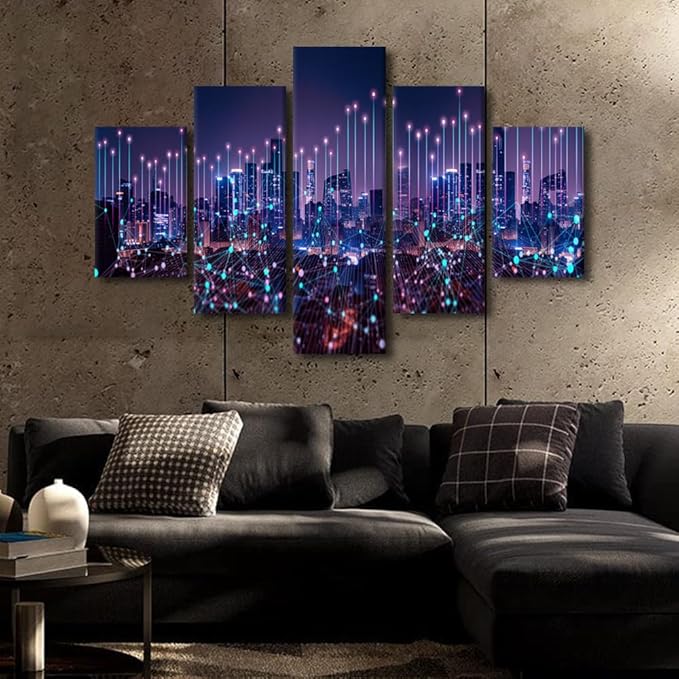 Sense of Technology Wall Art 5 Panel Modern City Poster Line Network Technology Picture Abstract Point Canvas Art Purple Cityscape Poster Native Americans Home Decor Framed Ready to Hang 60x40 Inch