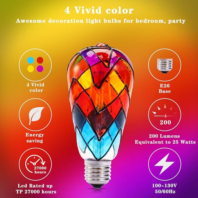 I-SHUNFA Edison Stained Glass LED Light Bulb,6 Watts Heatless E26 ST64 LED Light Bulbs for Home Party,Recreation Room,Balcony,Garden,Christmas Decoration 2 Pack
