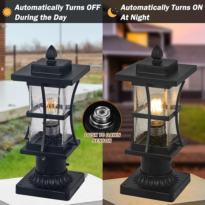Dusk to Dawn Outdoor Post Light Fixture with Pier Mount Base - Black Outdoor Pole Lighting, Waterproof Pillar Lantern, Modern Outside Column with Seeded Glass for Pathway, Garden, Patio, Anti-Rust