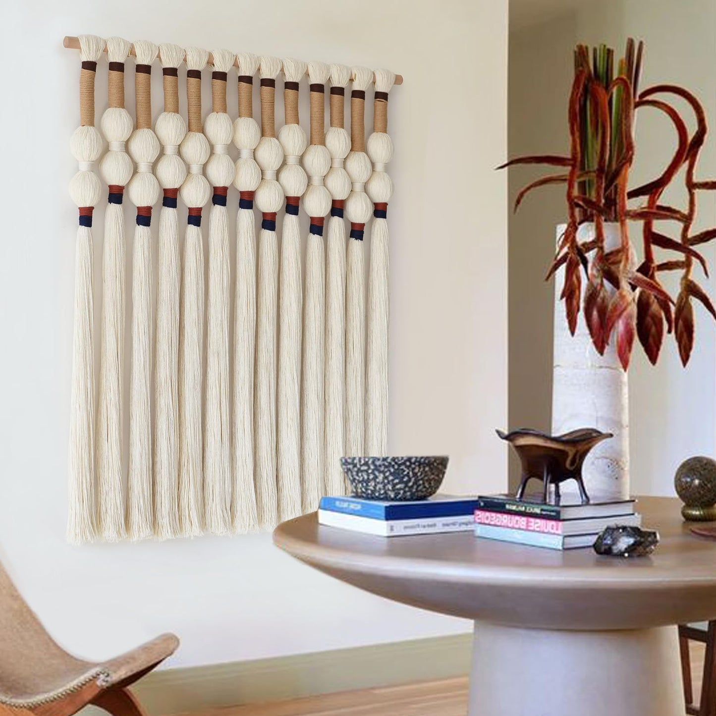 Flber Macrame Wall Hanging Boho Wall Art Handmade Spherical Knot Design with Tassel Fringe, Boho Decor for Bedroom Living Room, for Home Decoration 27" W x 33"" L"