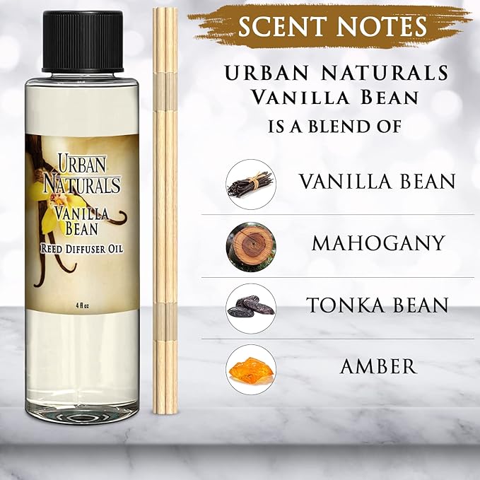 Urban Naturals Vanilla Bean Scented Oil Reed Diffuser Refill | Includes a Free Set of Reed Sticks! Vanilla Cream, Amber & Sweet Tonka Bean, 4 oz.