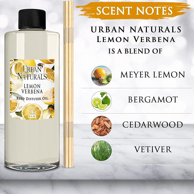Urban Naturals Reed Diffuser Oil Refill Lemon Verbena with Lemon Zest, Bergamot, Vetiver, Cedarwood 8 oz + Free Reed Sticks, Made in the USA