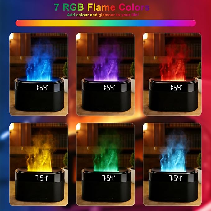 Aroma Diffuser with Flames & Digital Clock, 7 Colors Light Effect Fragrance Oil Diffuser, 150ml Humidifier with Remote Control, Clock Function, Timer, Waterless Auto-Off (Black)