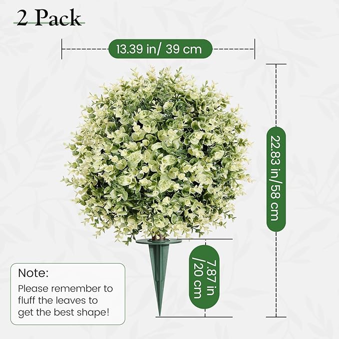 Lewondr Artificial Boxwood Topiary Ball Trees, 22.83'' Fake Plants Outdoor with Ground Spike, Set of 2 UV and Fade Resistant Faux Greenery Shrubs for Outdoor Indoor Front Porch Garden, Gradient White