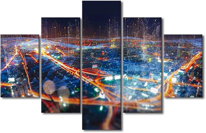 Modern Internet Canvas Poster 5 Panel Metaverse Concept Picture Smart City Home Decoration Internet Companies Office Meeting Room Wall Art Decorate Frame and Stretched Ready to Hang 60x40 Inch