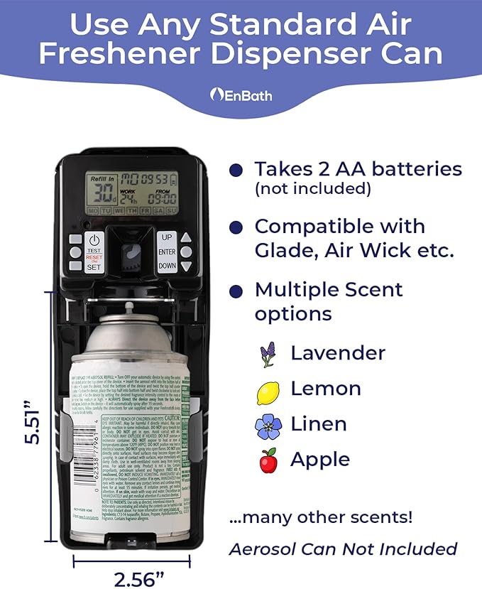 Programmable Commercial Air Freshener for Businesses or Home, Black LCD Automatic Bathroom Air Freshener Spray Dispenser- Schedule by Day, Time Period, Spray Frequency- Plus Days to Refill Countdown