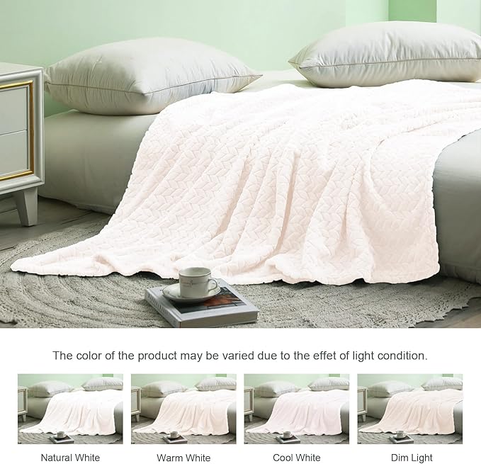 Exclusivo Mezcla Fleece Throw Blanket for Couch, 50x70 Inches Soft Cozy Jacquard Flannel Blankets, Lightweight Fuzzy Plush Warm Throws for Winter, Off White