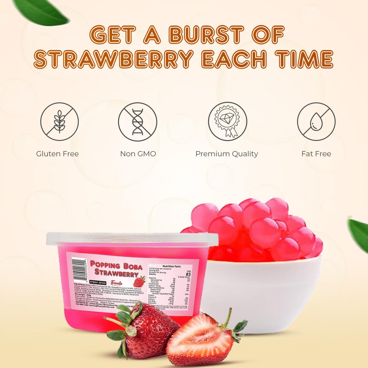 Fanale Popping Boba Pearls for Bubble Tea - 2 lb (1 lb X 2) | Strawberry | Bursting Boba Pearls Bubble 450g X 2 | Fruit Juice Flavor for Shakes, Dessert, Smoothie | FPB001-SP450 X 2