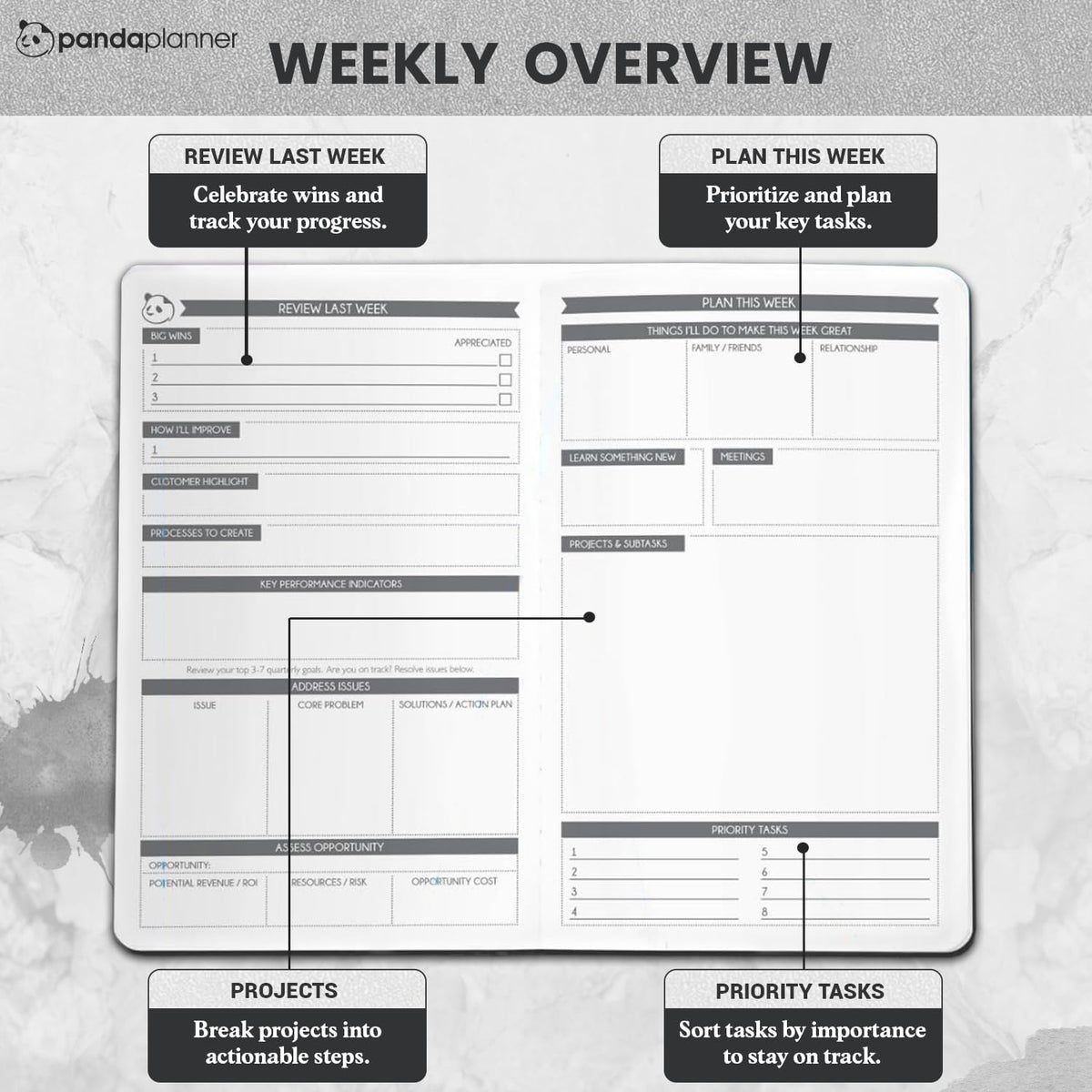 Panda Planner Undated Daily Planner - 90 Day Organization - Productivity For Entrepenuers - Set Goals - Bonus Weekly & Monthly Agenda - Grey - Hardcover