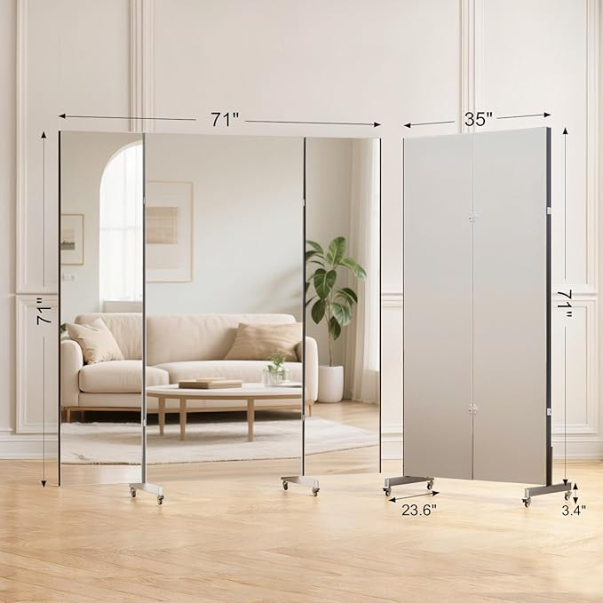brisafe NanoMirror Non-Glass Ultra-Light Foldable Home Gym on Wheels, 71"x71" Extra Large Full Body Unbreakable Shatterproof Mirror, 360° Swivel for Yoga, Dance, Fitness Studio & Home Gym, Black