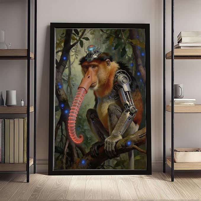 Framed Steampunk Mechanical Proboscis Monkey Wall Art - Jungle Neon Retro Poster for Apartment Leisure Area Decor 20x30in