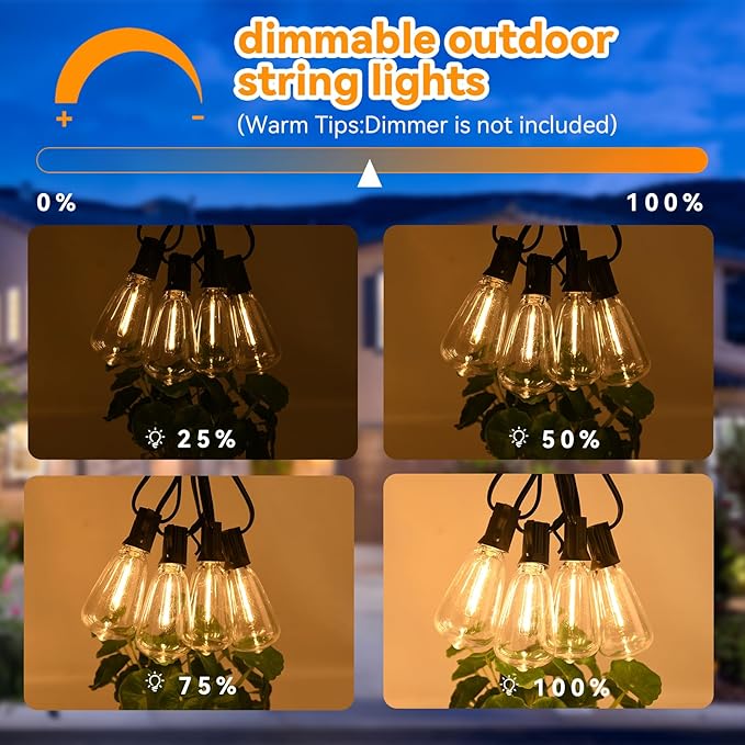 Vocevos 100FT LED Outdoor String Lights with 52 Waterproof Shatterproof ST38 Vintage Edison Bulbs, Outside Lights for Patio Lighting Cafe, Bistro, Backyard, 2700K Dimmable