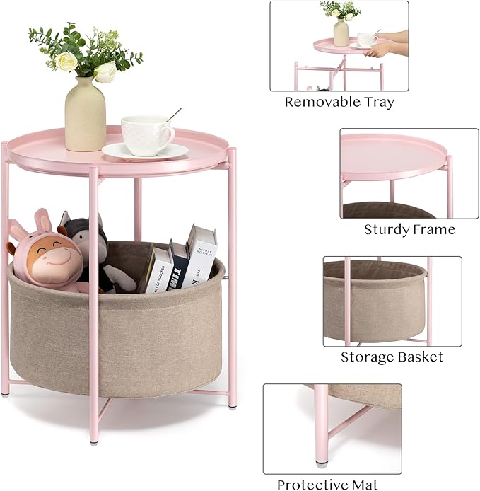 danpinera Round Side Table with Fabric Storage Basket, Metal Side Table Small Bedside Nightstand with Removable Tray Top for Living Room, Bedroom, Nursery, Laundry, Light Pink