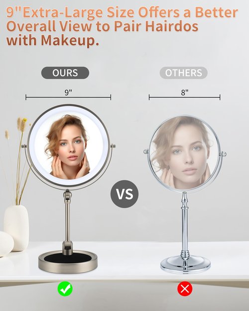 9" Lighted Makeup Mirror,1X/10X Magnifying Vanity Mirror with Height & Brightness Adjustable,Rechargable Makeup Mirror,360°Rotation Double Sided Standing Desk Mirror (Brush Nickel)