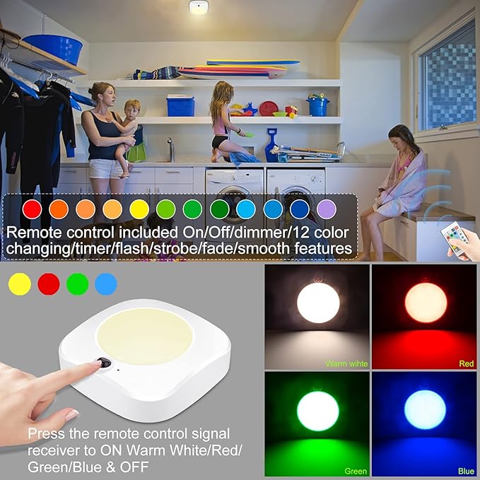 BIGMONAT Ceiling Light Battery Powered, Wireless Shower Light with Remote and Timer, Color Changing Night Light, LED Wall Light for Hallway Stair Closet Corridor Bedroom Pantry Laundry
