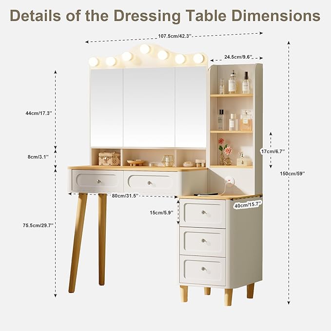 【Hanuq】 Vanity Desk with Mirror and Lights,Makeup Vanity with 2 USB Power Strip,Vanity Set with Two Drawers and Three-Drawer Chest,3 Lighting Modes Adjustable Brightness,Foldable Three-Sided Mirror