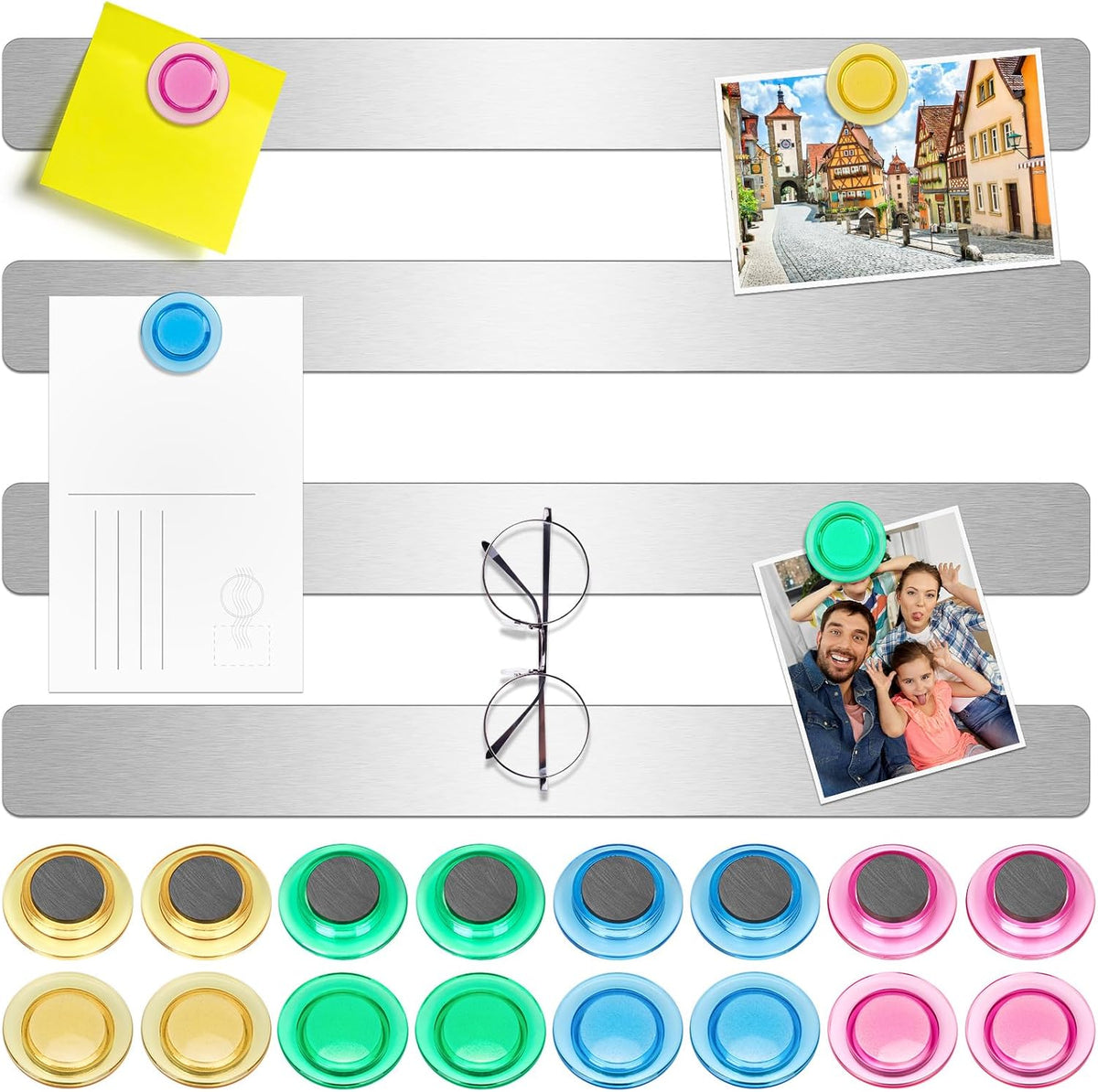 Wukong 4 Pack | 30x3cm(11.81 x 1.18) Magnetic Stainless Silver Boards Strips, Adhesive Backing Bulletin Bar Board, Memo Board with 16Pcs Colorful Magnets for Office, Home, Photo Wall, Document
