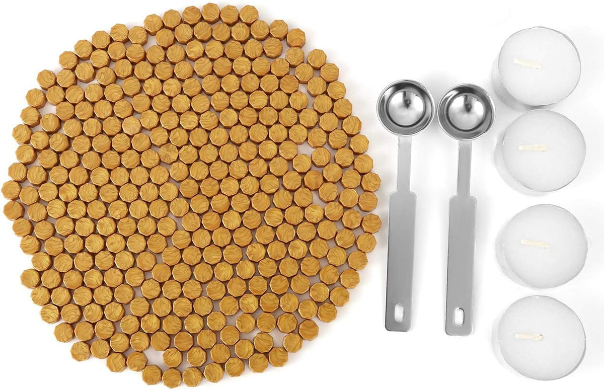 Yoption 300 Piece Octagon Seal Wax Beads with 4 Candles and 2 Melting Spoons for Wax Seal Stamp (Gold)