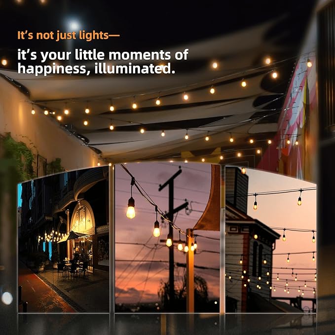 200FT Outdoor String Lights with 60+3 Replaceable S14 Edison Bulbs 2200K, Weatherproof for Patio Outside, 2Pack Linkable, Hooks and Zip Ties Included