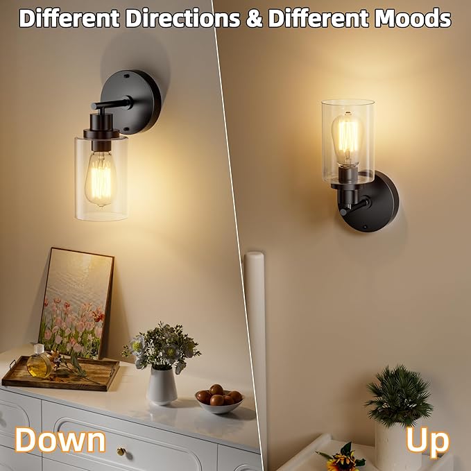 GORDNWE Set of 2 Bathroom Wall Sconce, Matte Black Vanity Light, Modern Wall Light Fixture with Clear Glass Shade and E26 Bulb Base, Wall Lamp Wall Mount Light Fixtures for Mirror, Bedroom