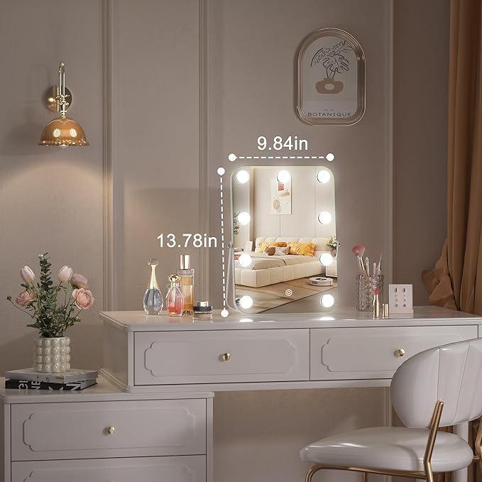 Hasipu LED Makeup Mirror with Bluetooth Speaker, 10.6" x 14" Hollywood Vanity Mirror with Lights, Rounded Rectangle White Frame, 3 Modes Light, Smart Touch Control Dimmable, 360°Rotation