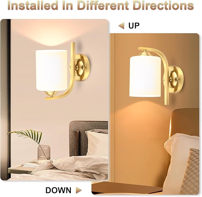 CANMEIJIA Gold Wall Light Fixtures, Wall Sconce 2 Light, Gold Wall Lamp Bathroom Vanity Lightting for Mirror Bedroom Hallway Kitchen Porch, Milky White Glass Shades, E26 Socket, Bulbs Not Included