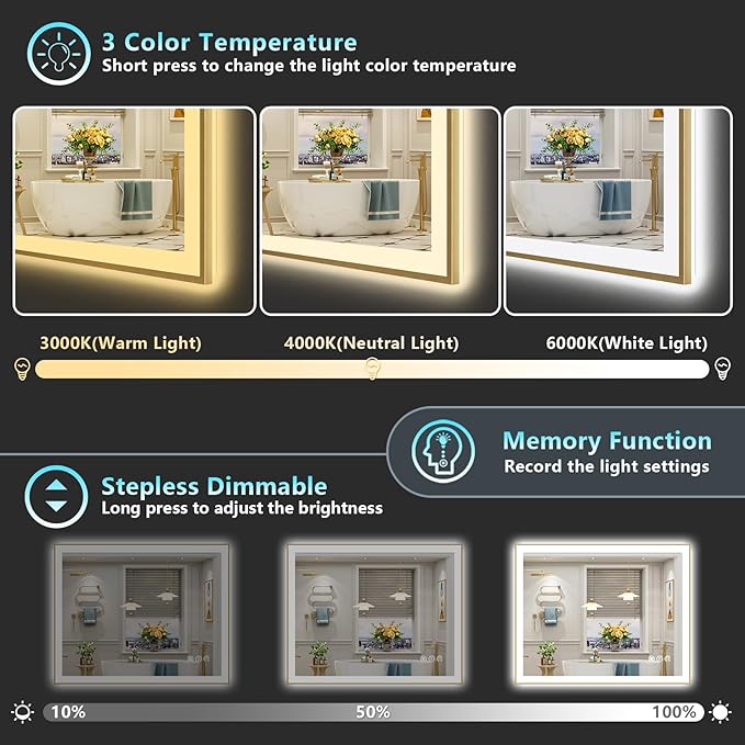 44x30 Gold LED Bathroom Mirror with Lights, Brushed Gold Framed Backlit and Front Lit Anti-Fog Lighted Vanity Mirrors for Bathroom Wall, Dimmable, 3 Colors, Memory, HD Tempered Glass, CRI＞90
