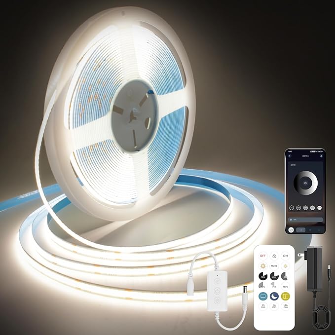 COB LED Strip Lights Natural White,24V Dimmable led Light Strip KIT with Remote and app Control,4000K 24FT/7.5m 8mmwide Ra>90 Cuttable Flexible Strip Lights for Bedroom,Shelf,Cabinet