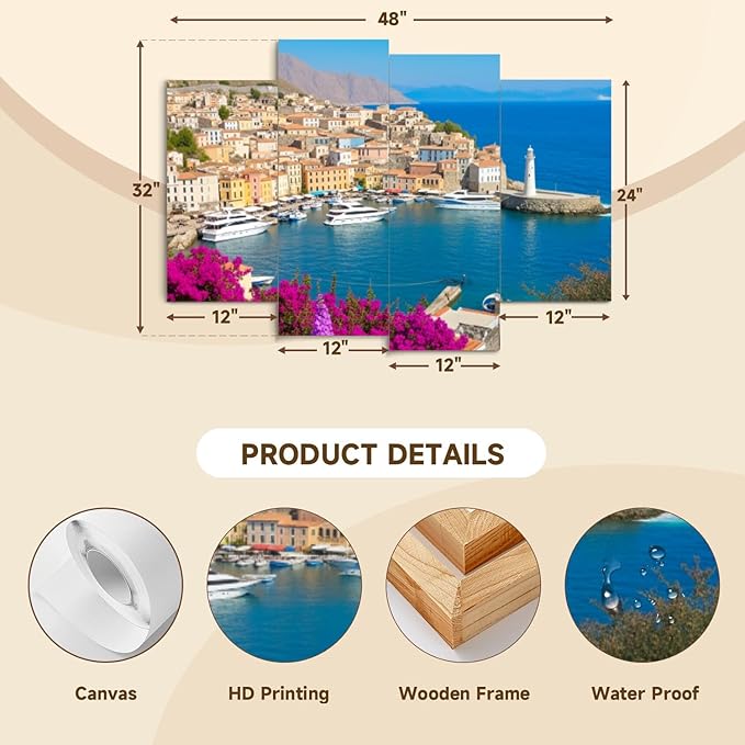 Canvas Wall Art Prints Pictures Symi town cityscape Dodecanese islands Greece Framed Posters Modern Wall Painting Artwork Gift Home Decor for Living Room Ready to Hang 4 Panel