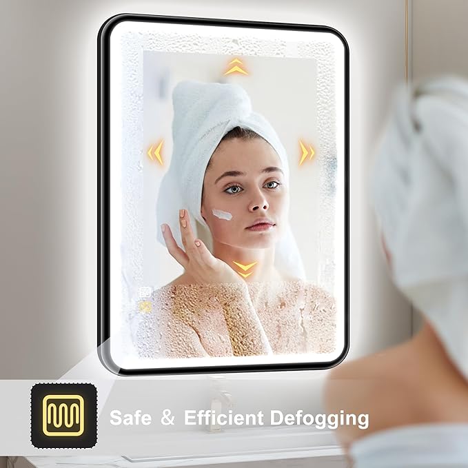 S'bagno 40X28 Black LED Mirror for Bathroom with Frontlit & Backlit, LED Bathroom Mirror with Metal Frame, Anti-Fog, Stepless Dimmable, 3 Colors Temperature LED Vanity Mirror(Horizontal/Vertical)