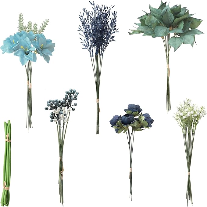 Floroom Artificial Greenery Stems Box Set, 59pcs with 8 Kinds of Faux Greenery Flowers Picks for DIY Bridal Bouquets Wedding Floral Arrangement Table Centerpieces, Navy & Dusty Blue