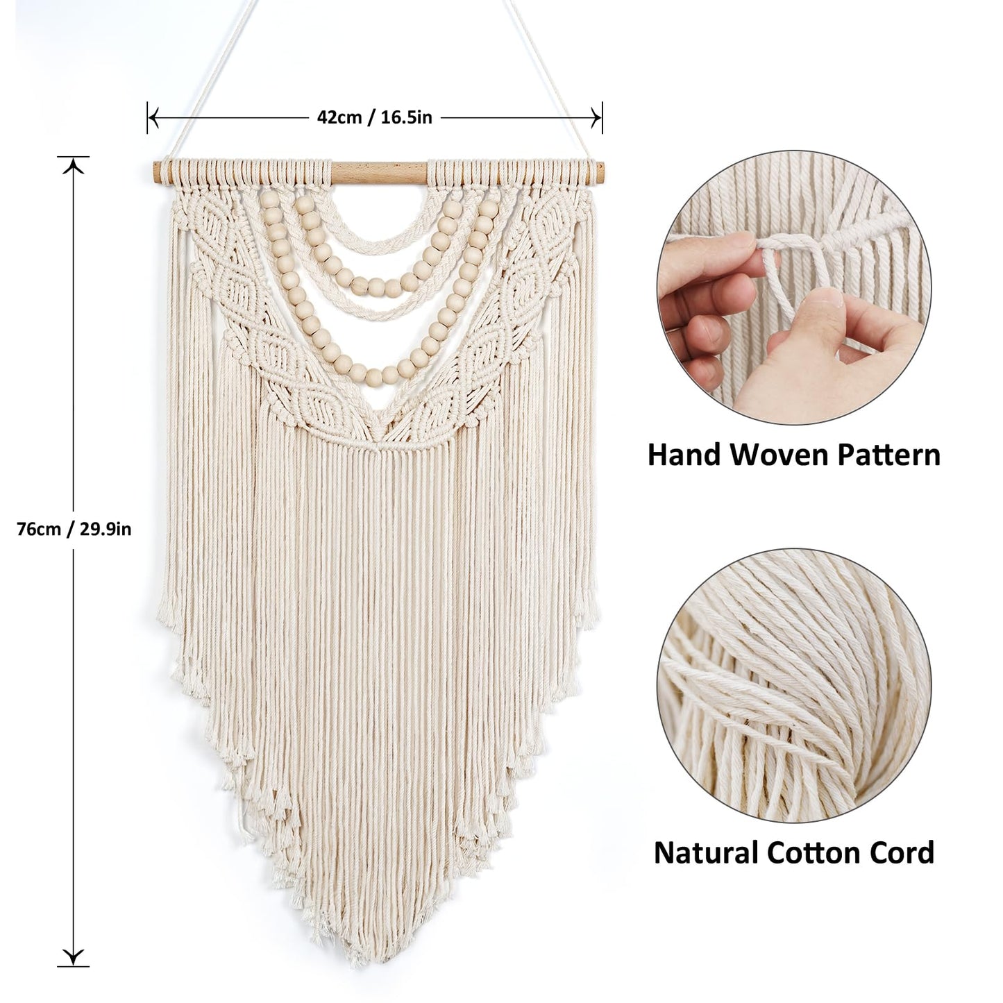 LOMOHOO Macrame Wall Hanging Boho Handmade Geometric Woven Tapestry Bohemian Wall Art Decor with Chic Wooden Beads Home Decor for Bedroom Living Room Apartment Dorm Gallery Wedding 16.5"x30"""