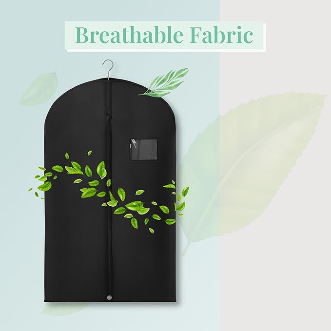 2-Pack Breathable Garment Bags for Hanging Clothes – Dust-Proof Suit & Dress Covers with Clear Window – Waterproof, Foldable Closet Storage Organizer for Coats, Gowns, and Jackets (Black, 55")