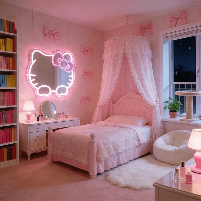 Hello Kit Mirror with Light Neon Signs for Room Decor, USB Powered Cute Cat LED Lights, Teen Girl Best Gift, Makeup Mirror Neon Sign Wall Decor (White)