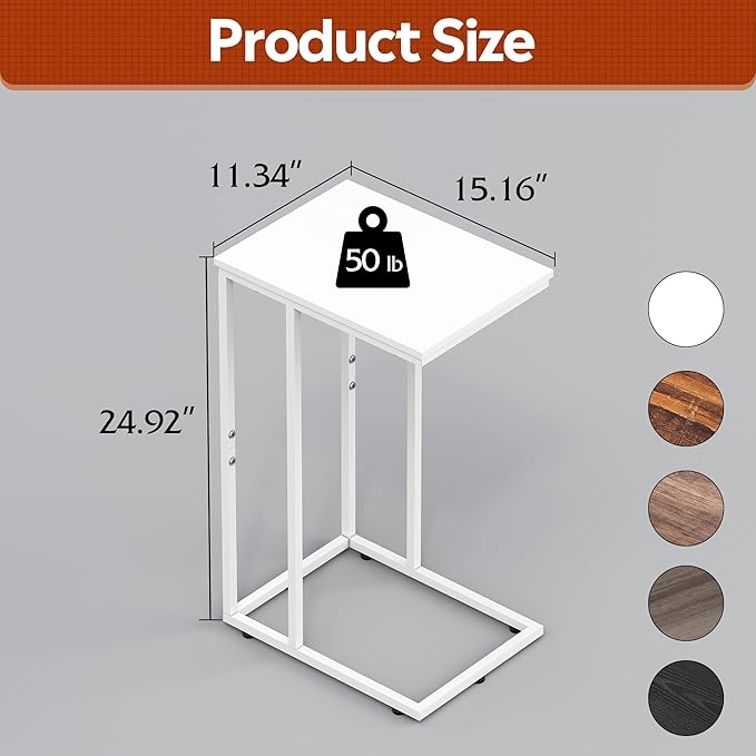 WLIVE Side Table, C Shaped End Table for Couch, Sofa and Bed, Large Desktop C Table for Living Room, Bedroom, Creamy White