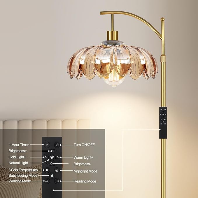Arc Floor Lamp for Living Room Gold Floor Lamp with Remote Control,Dimmable Floor Lamps With Glass Lampshades,Mid Century Modern Standing Lamp Tall Vintage Flower Floor Lamps for Bedroom,Corner