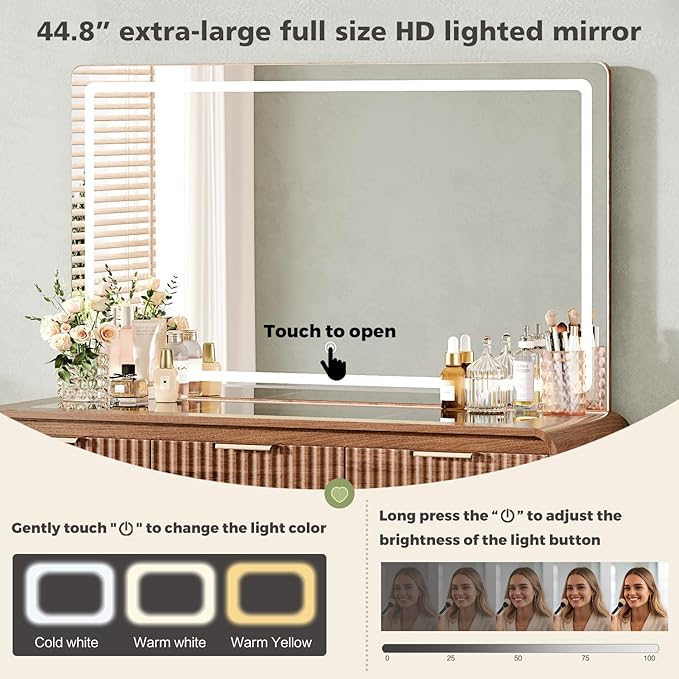 47“Makeup Vanity Desk with 44.8" Mirror and Lights, Vanity Desk with 7 Drawers, Makeup vanity table with a glass tabletop, 3 Color Modes & Adjustable Brightness Dressing Table, Bedroom,Walnut