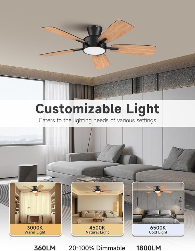 TALOYA Ceiling Fans with Lights and Remote, 46 Inch Low Profile Ceiling Fan with Light, Flush Mount, Reversible, 3CCT, Dimmable Black Modern Ceiling Fan for Bedroom, Living Room, Outdoor Patio