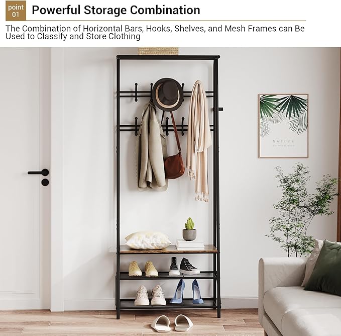 Coat Rack Hall Tree with Shoe Storage Bench, 4-in-1 Entryway Organizer, 10 Hooks & 3-Tier Shoe Rack, Freestanding Metal Frame for Hallway, Front Door