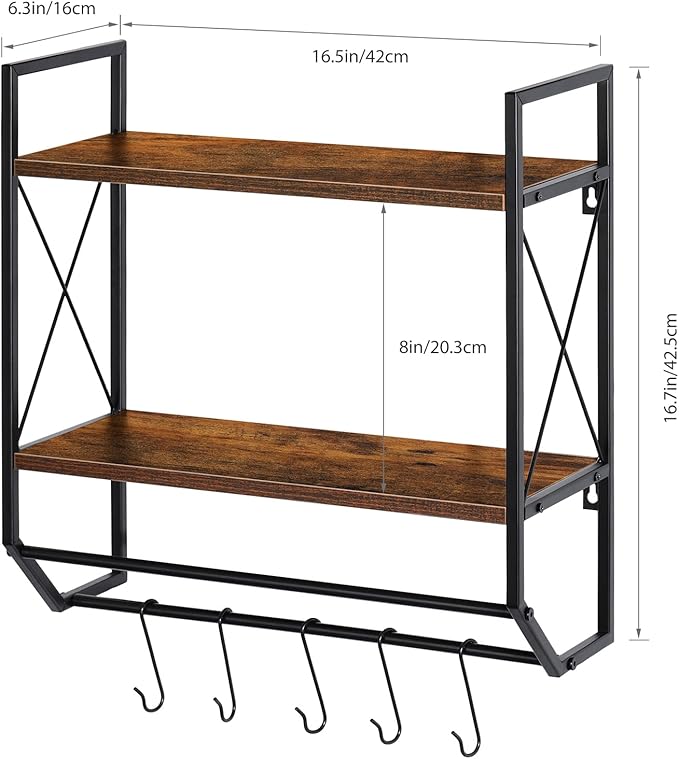 Bathroom Towel Rack 2 Tier Wall Shelf with Towel Bar, Rustic Towel Rack with Shelf for Wall Storage Shelves with Hooks Over Toilet Shelf Wall Mounted Towel Holder Shelf Floating Shelves for Home Brown