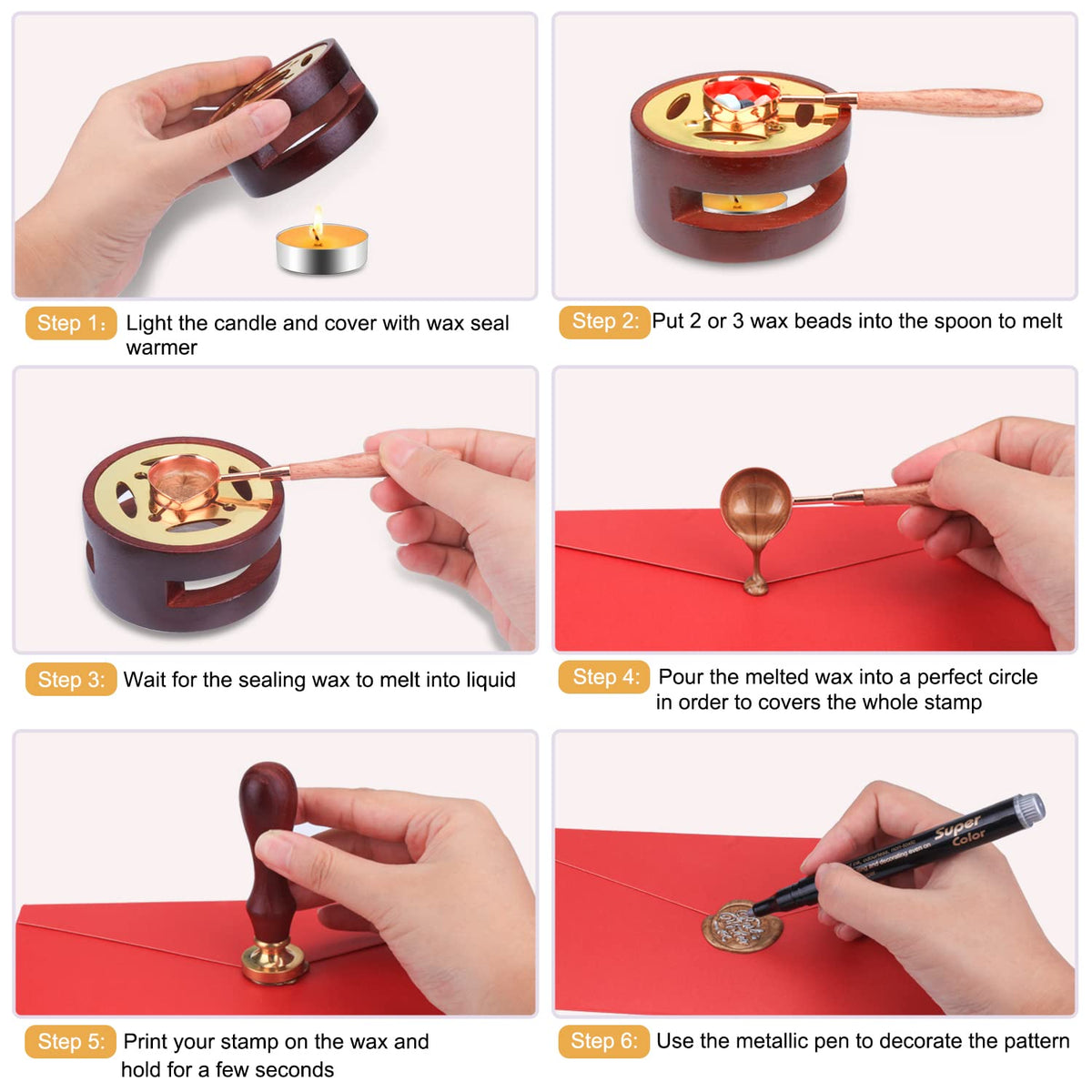 Aottom Wax Seal Stamp Kit with Gift Box, 24 Colors 650 Pcs Beads, Warmer, Envelopes, Candles, Stamp, Metallic Pen for Gift and Decoration